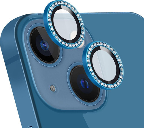 Apple iPhone 14 Taşlı Tasarım Temperli Cam Kamera Lens Koruyucu - Mavi