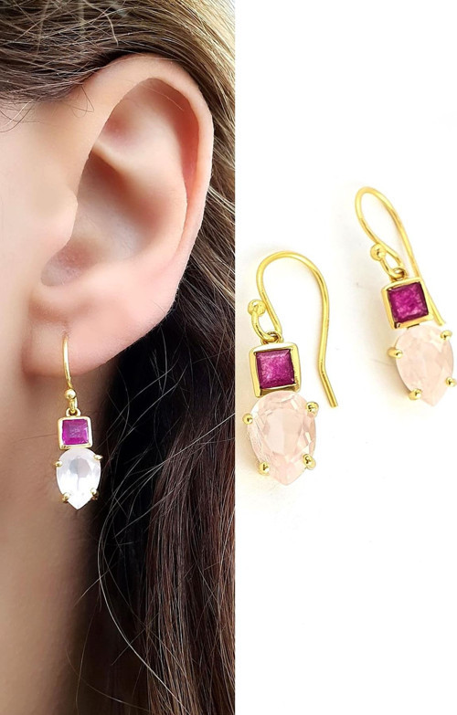 Pembe turmalin ve Pembe kuvars taşlı 925ayar gümüş üzerine altın kaplama tasarım Doğal Taş Küpe