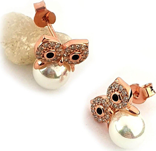 Zirkon Taşlı Baykuş Figürlü 925 ayar Gümüş Rose İnci Küpe