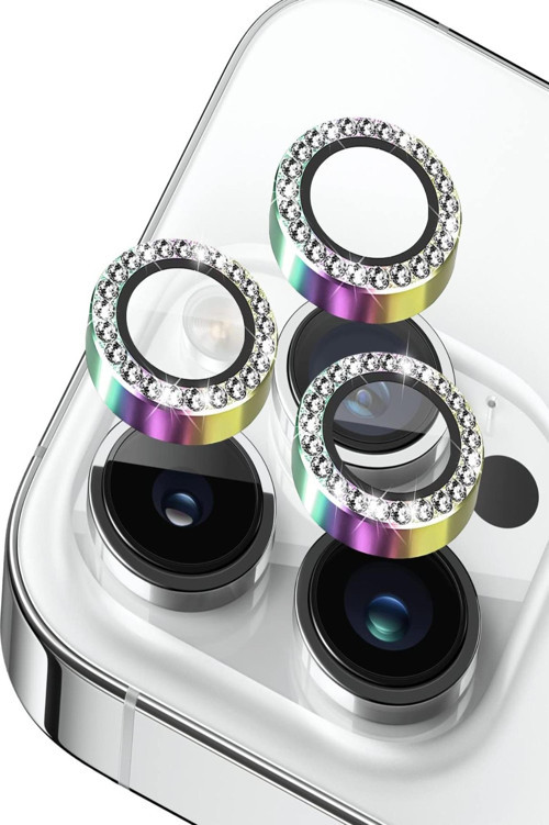 Apple iPhone 12 Pro Max ile Uyumlu Gökkuşağı Taşlı Tasarım Temperli Cam Kamera Lens Koruyucu