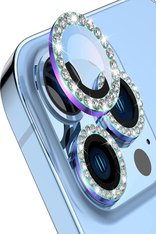 Apple iPhone 13 Pro ile Uyumlu Rainbow Taşlı Tasarım Temperli Cam Kamera Lens Koruyucu