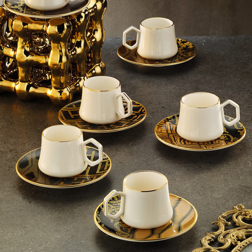 1453 Kariye Geometrik Gold 12 Parça 6 Kişilik Kahve Fincan Takımı 90 ml