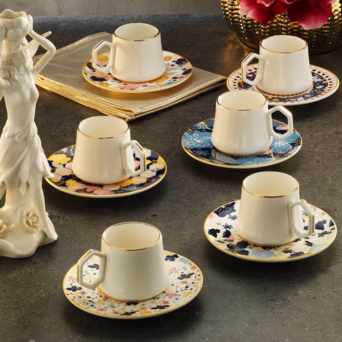 1453 Potpuri Double Geometrik Gold 12 Parça 6 Kişilik Kahve Fincan Takımı 120 ml