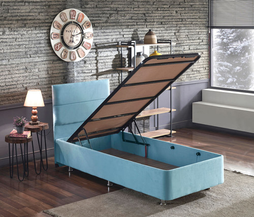 Cozy Baza ve Başlık - 90x190 cm Tek Kişilik Sandıklı Bebek Mavisi Kumaş Baza ve Başlığı Silinebilir