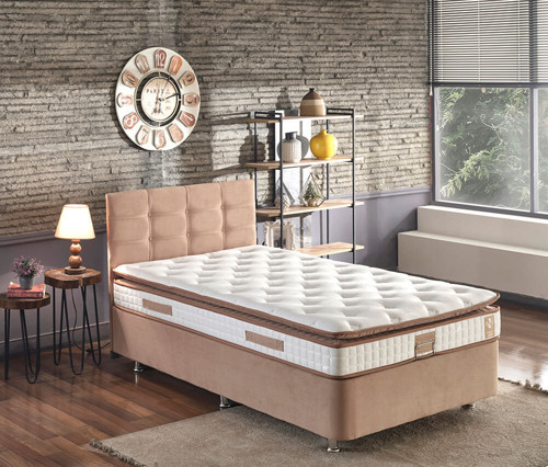 Niron Queen 120x200 Bir Buçuk Kişilik Pedli Yatak Seti Sütlü Kahve Kumaş Baza Başlık ve Yatak Takımı