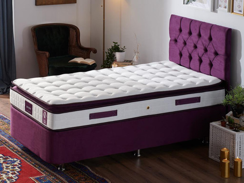 Purple Yatak Seti 80x180 cm Tek Kişilik Yatak Baza Başlık Takımı - Orta Sert Yatak Mor Baza ve Başlığı