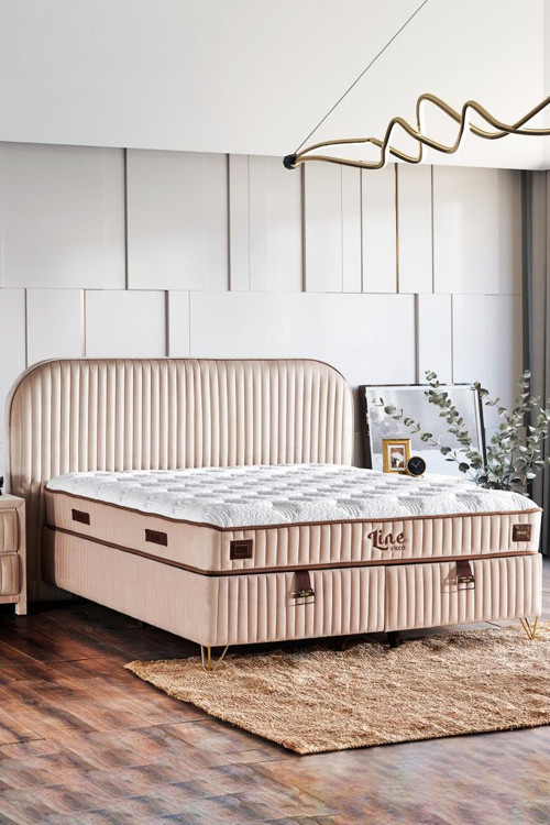 Line Visco Lüks Yatak Baza ve Başlık Seti 180x200 cm Çift Kişilik Yatak, Baza ve Başlık Takımı Krem