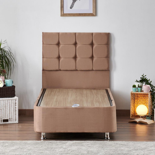 Rama Baza ve Başlık Seti - 90x190 cm Tek Kişilik Sütlü Kahve Kumaş Baza ve Başlığı Soho Kumaş