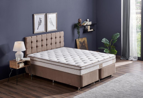 Helen 160x200 Çift Kişilik Yatak Baza Başlık Seti Aloe Vera Yatak, Kumaş Baza, Başlık Takımı