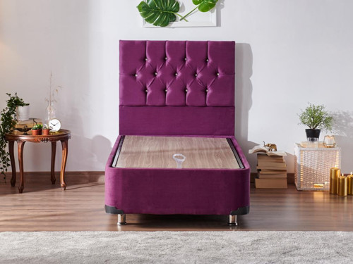 Violet Baza ve Başlık Seti - 90x190 cm Tek Kişilik Sandıklı Mor Kumaş Baza ve Başlığı