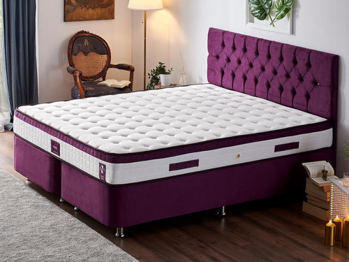 Violet Yatak Seti 200x200 cm Çift Kişilik Yatak Baza Başlık Takımı - Orta Sert Yatak Mor Baza ve Başlığı