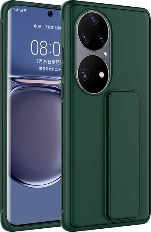 Huawei P50 Pro Kapak Standlı El Tutacaklı Silikon Kılıf - Koyu Yeşil