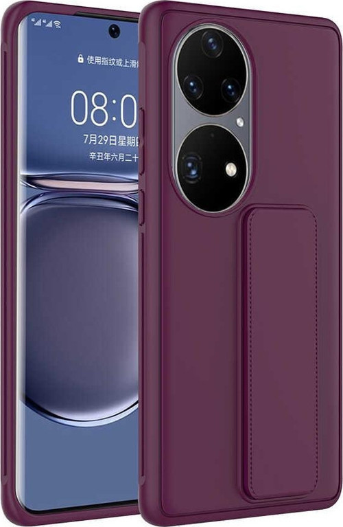 Huawei P50 Pro Kapak Standlı El Tutacaklı Silikon Kılıf - Mürdüm