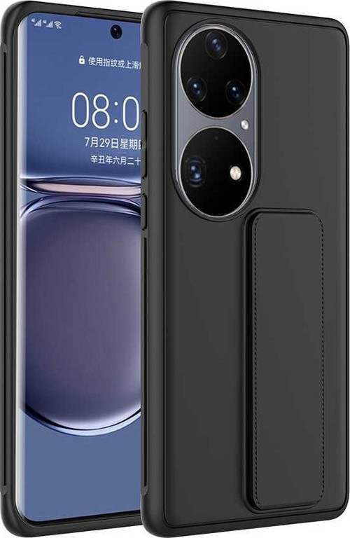 Huawei P50 Pro Kapak Standlı El Tutacaklı Silikon Kılıf - Siyah