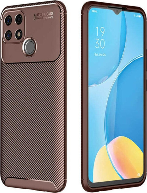 Oppo A15S Kılıf Karbon Tasarımlı Kapak - Kahverengi