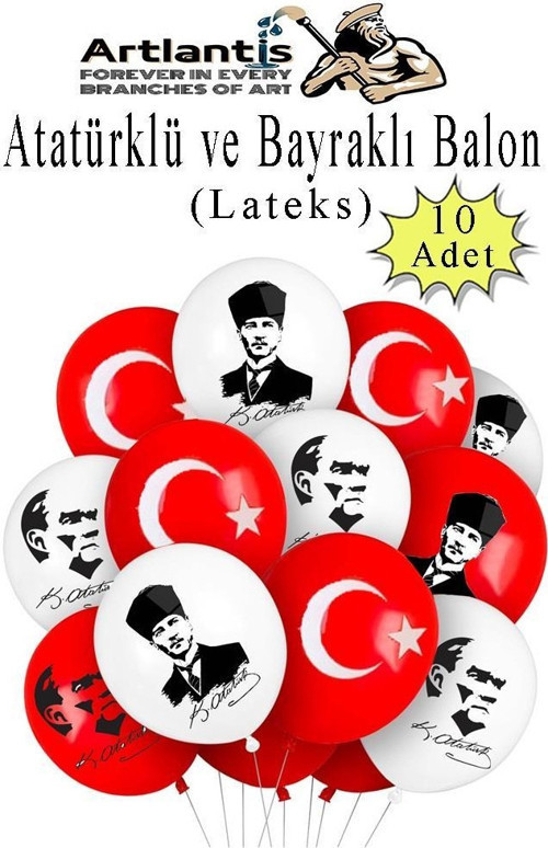 Atatüklü ve Bayraklı Balon 10 Adet Ata Balon Süsleme 29 Ekim 23 Nisan Kırmızı Beyaz Balon Bayrak Balon Bayram