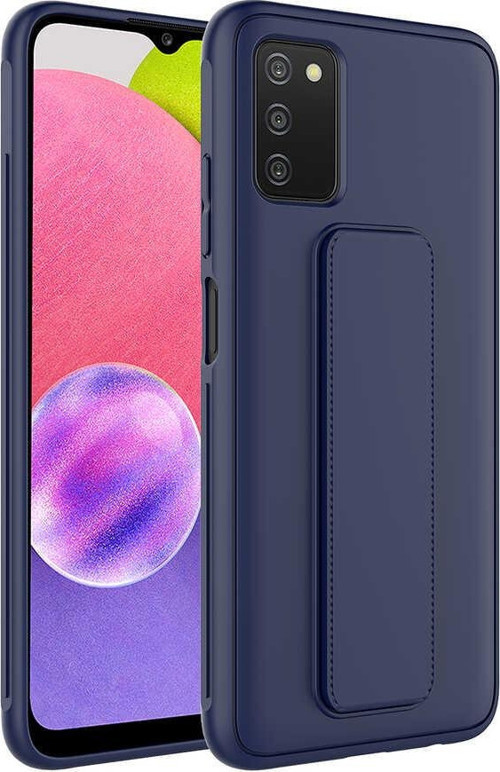 Samsung Galaxy A03S Kapak Standlı El Tutacaklı Silikon Kılıf - Lacivert