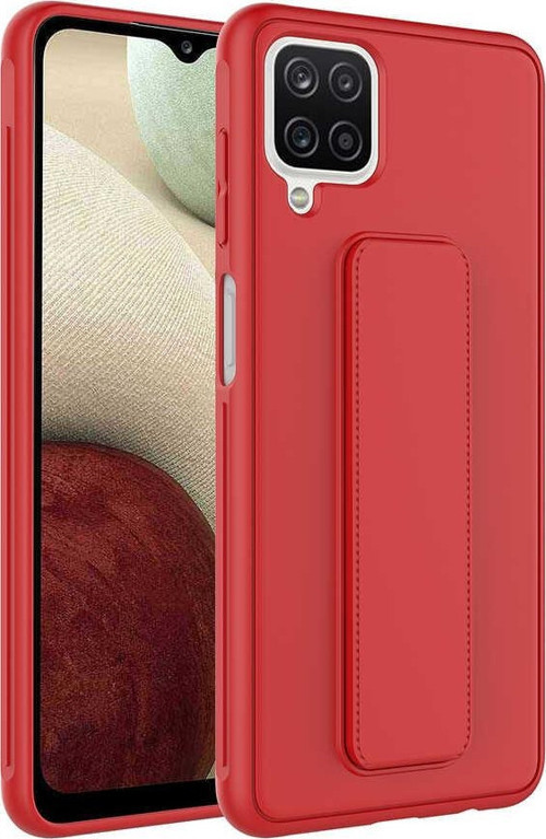 Samsung Galaxy A12 Kapak Standlı El Tutacaklı Silikon Kılıf - Kırmızı