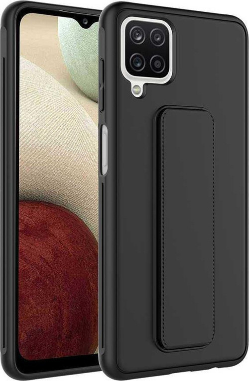 Samsung Galaxy A12 Kapak Standlı El Tutacaklı Silikon Kılıf - Siyah