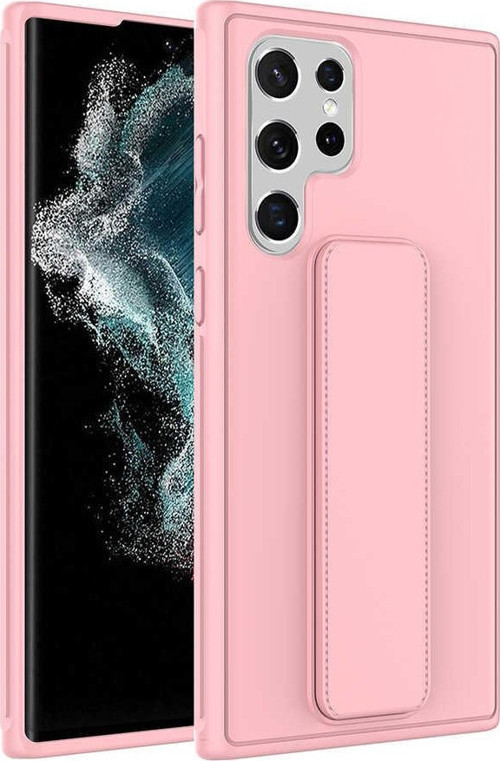 Samsung Galaxy S22 Ultra Kapak Standlı El Tutacaklı Silikon Kılıf - Pembe