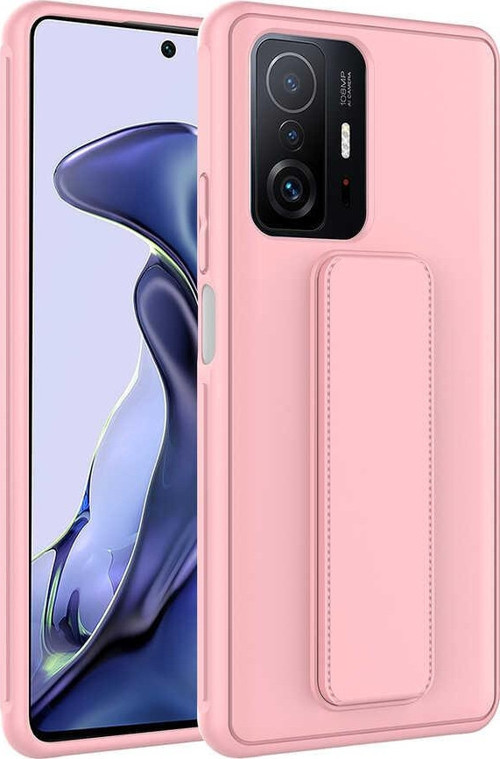 Xiaomi Mi 11T 5G Kapak Standlı El Tutacaklı Silikon Kılıf - Pembe