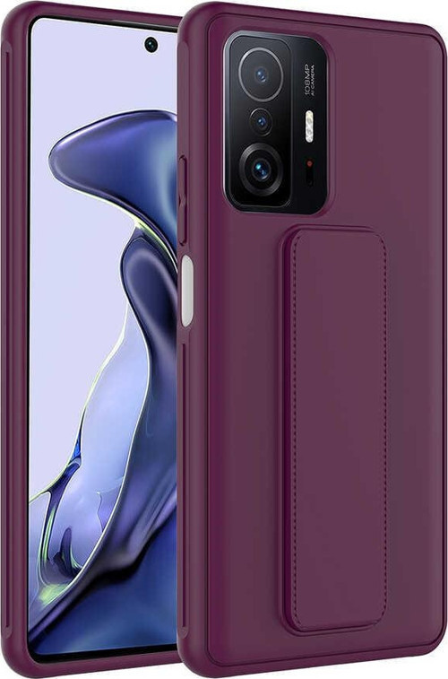Xiaomi Mi 11T Pro 5G Kapak Standlı El Tutacaklı Silikon Kılıf - Mürdüm