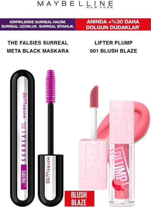 Maybelline Surreal Meta Black Maskara Yoğun Hacimli Kirpikler-Lifter Plump Dolgun Dudaklar 001