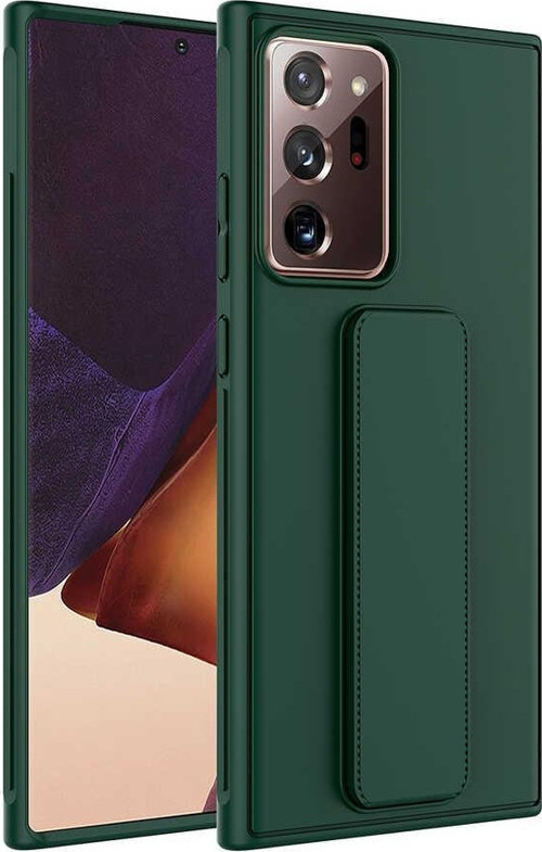 Samsung Galaxy Note 20 Ultra Kapak Standlı El Tutacaklı Silikon Kılıf - Koyu Yeşil