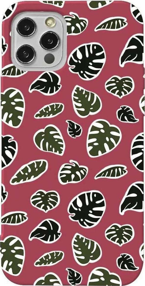 Iphone 13 Pro Bordo Renkli Silikon Telefon Kilifi - Monstera Yapraklari