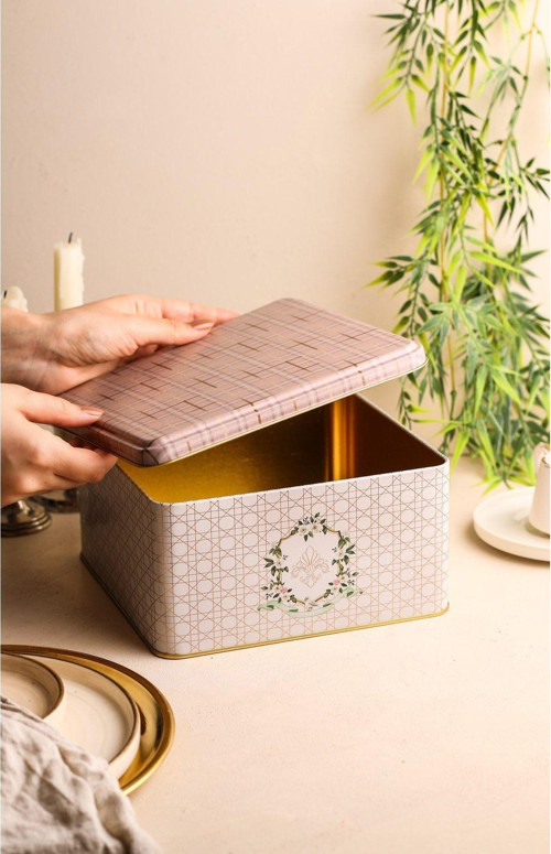 Er028-U7 Rosy Desenli Kare Metal Saklama Kabı 20X20 Cm