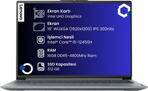 IdeaPad Slim 3 16IAH8 Intel Core i5-12450H 16-GBDDR5 512 GB SSD 16" WUXGA (1920x1200) IPS Windows 11 Home 83ES002HTRAR10