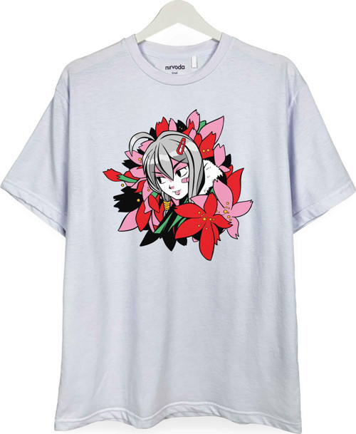 Çiçekli Anime Manga Kızı Baskılı Loose Fit Bisiklet Yaka Unisex Tişört