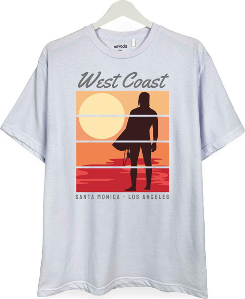 West Coast Santa Monica Baskılı Loose Fit Bisiklet Yaka Unisex Tişört