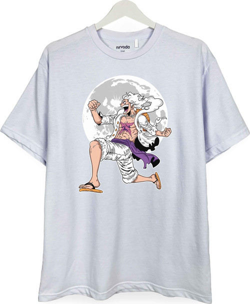 Luffy Beyaz One Piece Baskılı Loose Fit Bisiklet Yaka Unisex Tişört Anime Manga