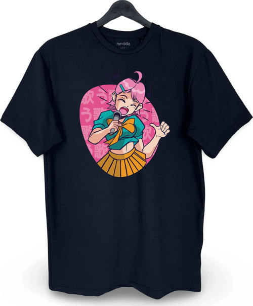 Japon Anime Karaoke Müzik Baskılı Loose Fit Bisiklet Yaka Unisex Tişört