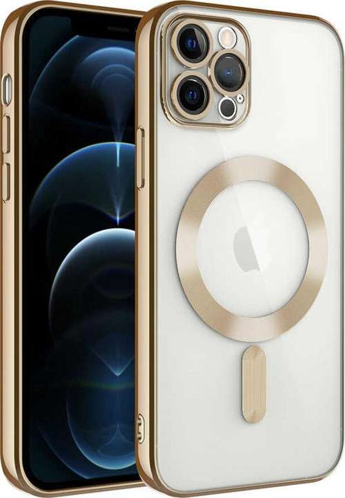 Apple iPhone 11 Pro Mag Safe Özellikli Lens Korumalı Logo Gösteren Şeffaf Silikon Kılıf - Gold