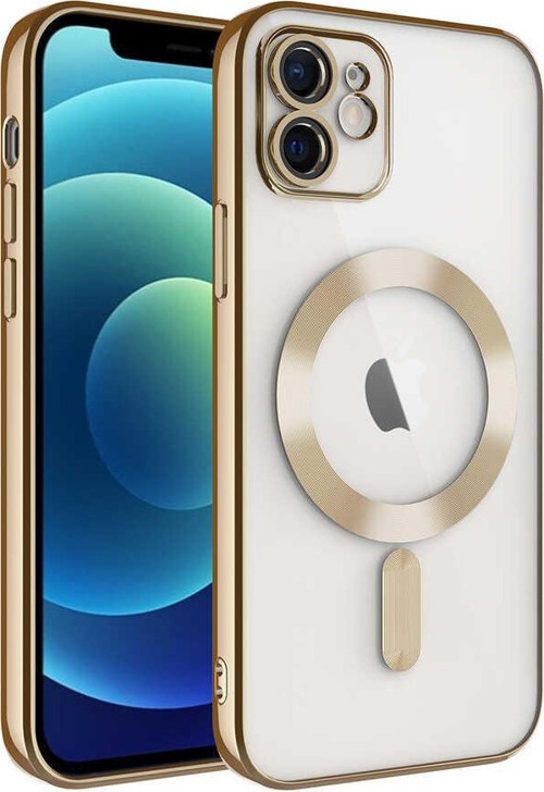 Apple iPhone 12 Mag Safe Özellikli Lens Korumalı Logo Gösteren Şeffaf Silikon Kılıf - Gold