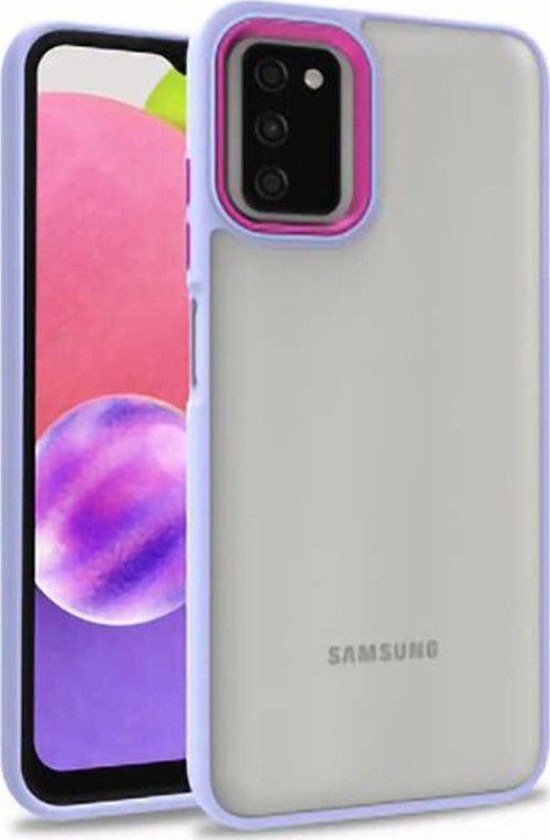 Samsung Galaxy A03S Kapak Metal Kamera Korumalı Arkası Şeffaf Silikon Kılıf - Lila