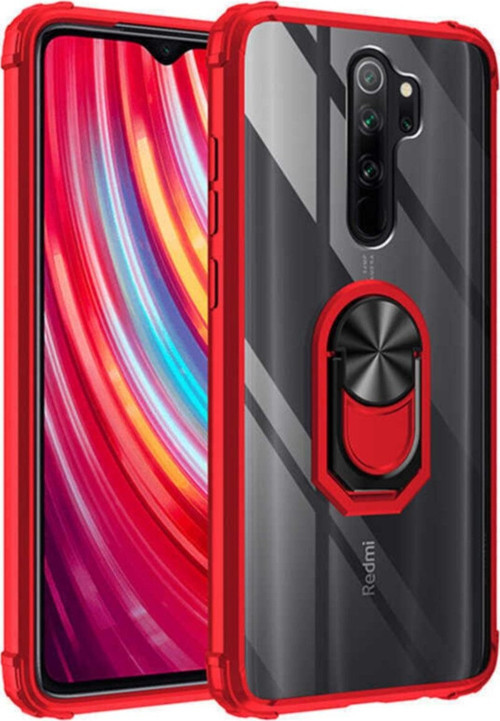 Xiaomi Redmi Note 8 Pro Kapak Şeffaf Yüzüklü Kenar Korumalı Standlı Kılıf - Kırmızı