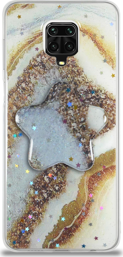 Xiaomi Redmi Note 9S Kapak Mermer Desenli Pop Socketli Silikon Kılıf - Gold
