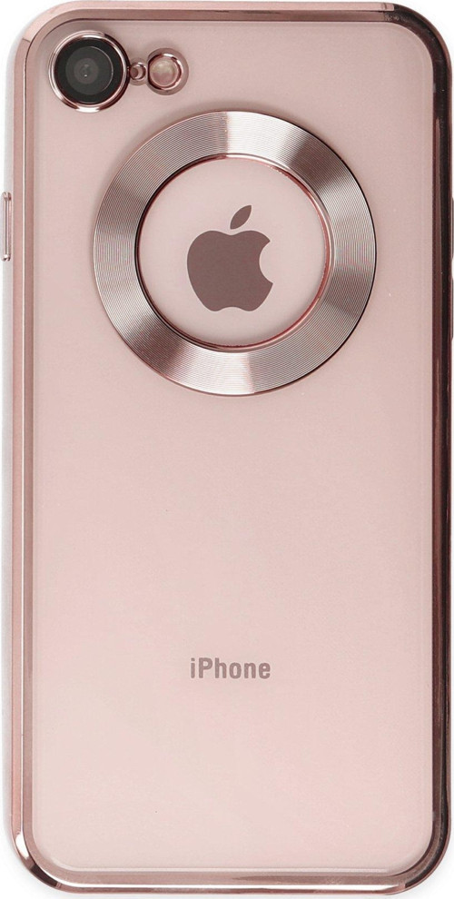 Apple iPhone SE 2022 Kapak Renkli Lens Korumalı Logo Gösteren Şeffaf Luxury Kılıf - Rose Gold
