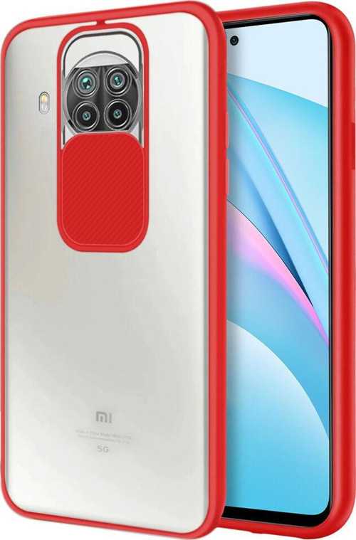 Xiaomi Redmi Note 9 Pro 5G Kapak Lensi Açılır Kapanır Kamera Korumalı Silikon Kılıf - Kırmızı