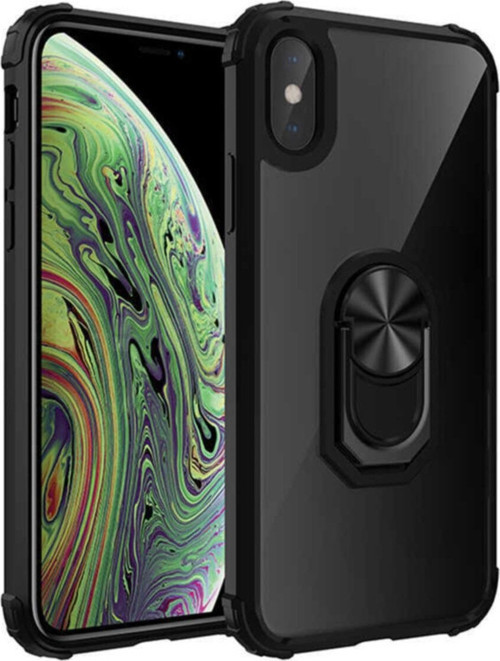 Apple iPhone Xs Max Kapak Şeffaf Yüzüklü Kenar Korumalı Standlı Kılıf - Siyah
