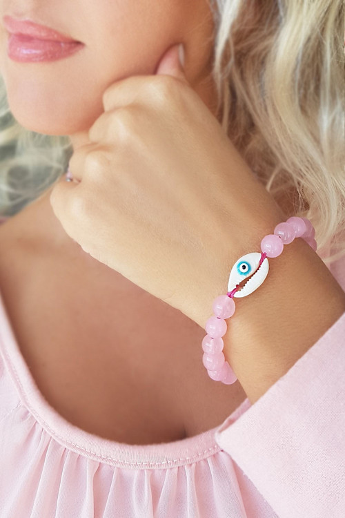 Kadın Pembe Kuvars Taşlı Gümüş Nazarlı Bileklik T001