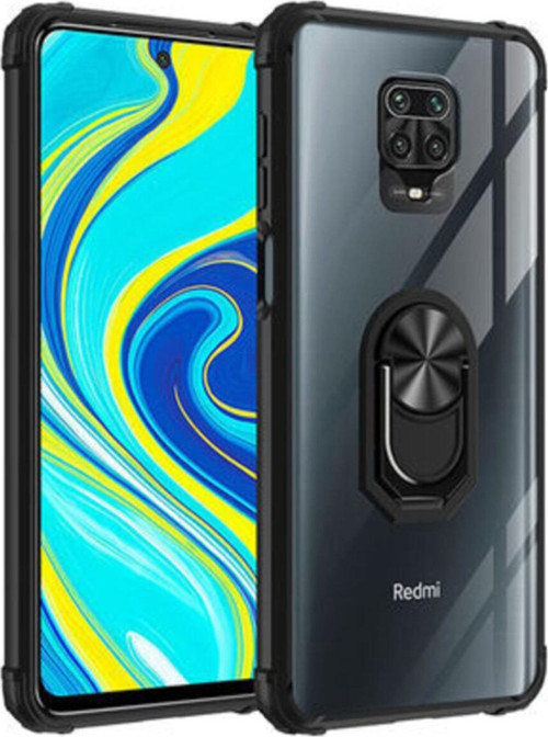 Xiaomi Redmi Note 9 Pro Kapak Şeffaf Yüzüklü Kenar Korumalı Standlı Kılıf - Siyah