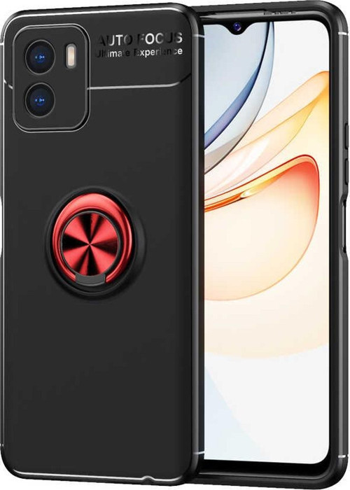 CaseArt Vivo Y15S 4G Kılıf Renkli Yüzüklü Manyetik Silikon Kapak Siyah - Kırmızı