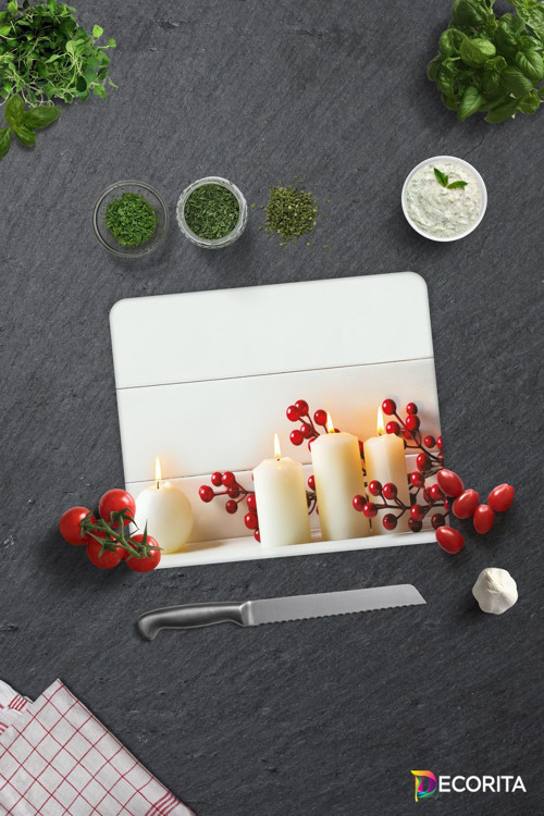 Cam Kesme Tahtası - Cam Kesme Tablası | Beyaz Mum Desen | 29cm x 34cm