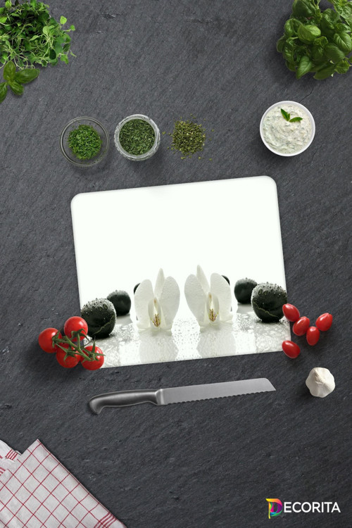 Cam Kesme Tahtası - Cam Kesme Tablası | Beyaz Orkide Siyah Oniks | 29cm x 34cm