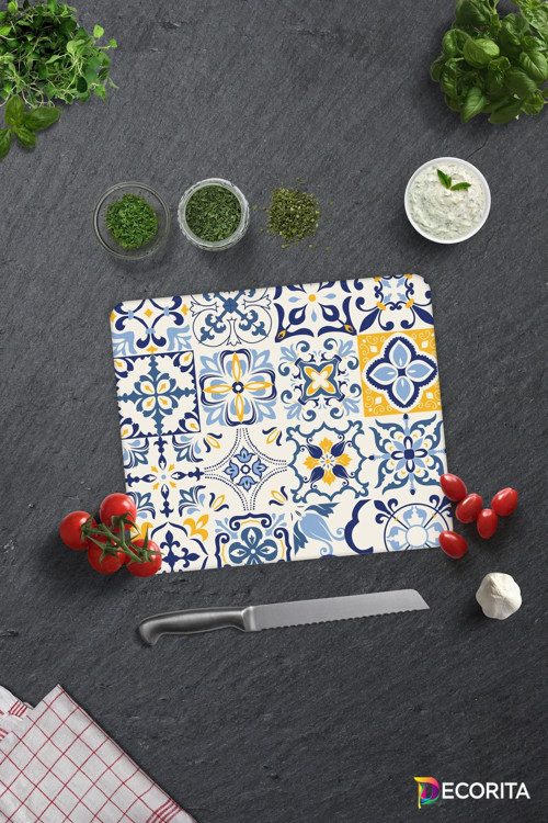 Cam Kesme Tahtası - Cam Kesme Tablası | Mavi Çini Desen | 29cm x 34cm