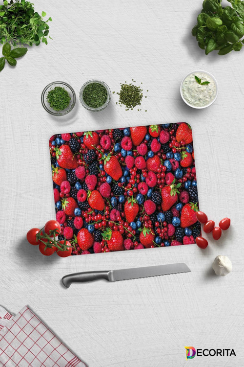Cam Kesme Tahtası - Cam Kesme Tablası | Mor ve Kırmızı Meyveler | 29cm x 34cm